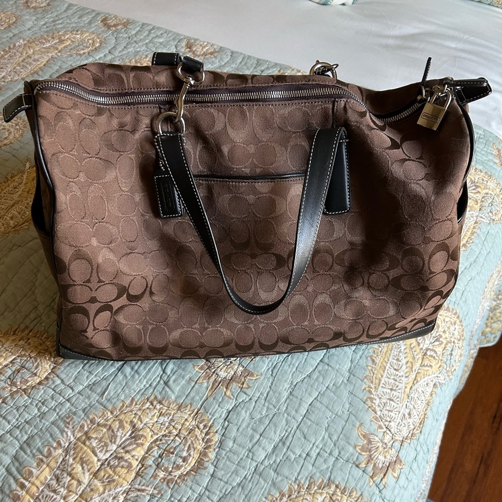 Coach Brown Vintage Signature Pattern Duffel Bag with Lock and Removable Strap